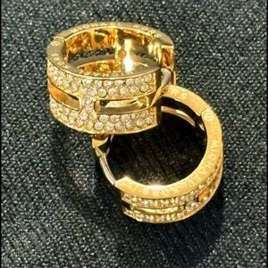Rare Michael Kors Signed Rhinestone Hoop Gold Tone Pierced Women Earrings